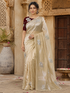 Space Silk Sequins Work Saree With Unstitched Blouse(off white)