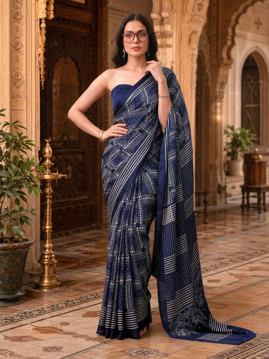 Satin Silk Printed Saree With Unstitched Blouse(Blue)