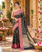 Banarasi Silk Saree Golder Zari Border With Unstitched Blouse(Black)