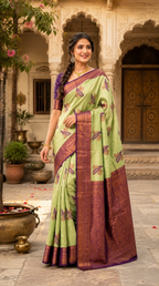 Pure Banarasi Silk Saree With Unstitched Blouse(Pista)