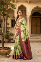 Pure Banarasi Silk Saree With Unstitched Blouse(Pista)