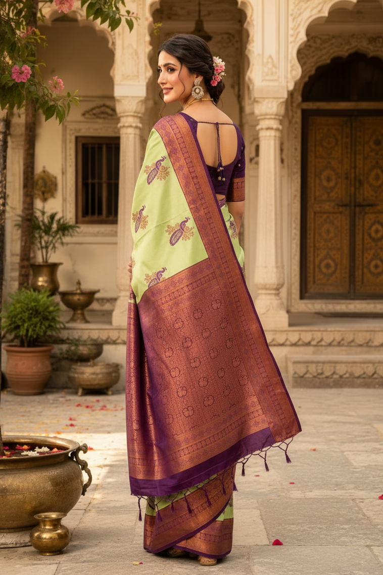 Pure Banarasi Silk Saree With Unstitched Blouse(Pista)