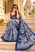 Premium Tussar Silk kalamkari Print Saree With Unstitched Blouse(Blue)