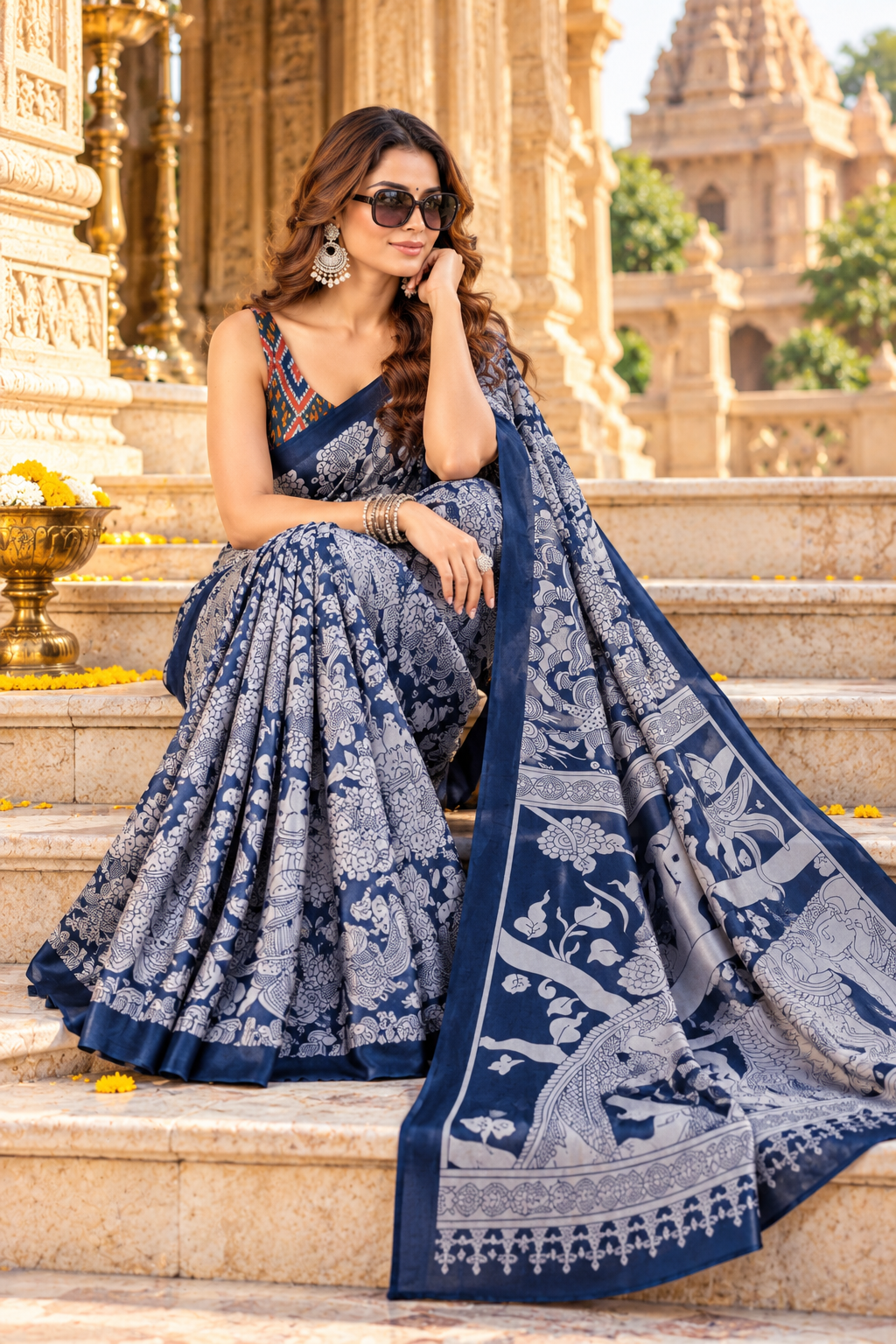 Premium Tussar Silk kalamkari Print Saree With Unstitched Blouse(Blue)