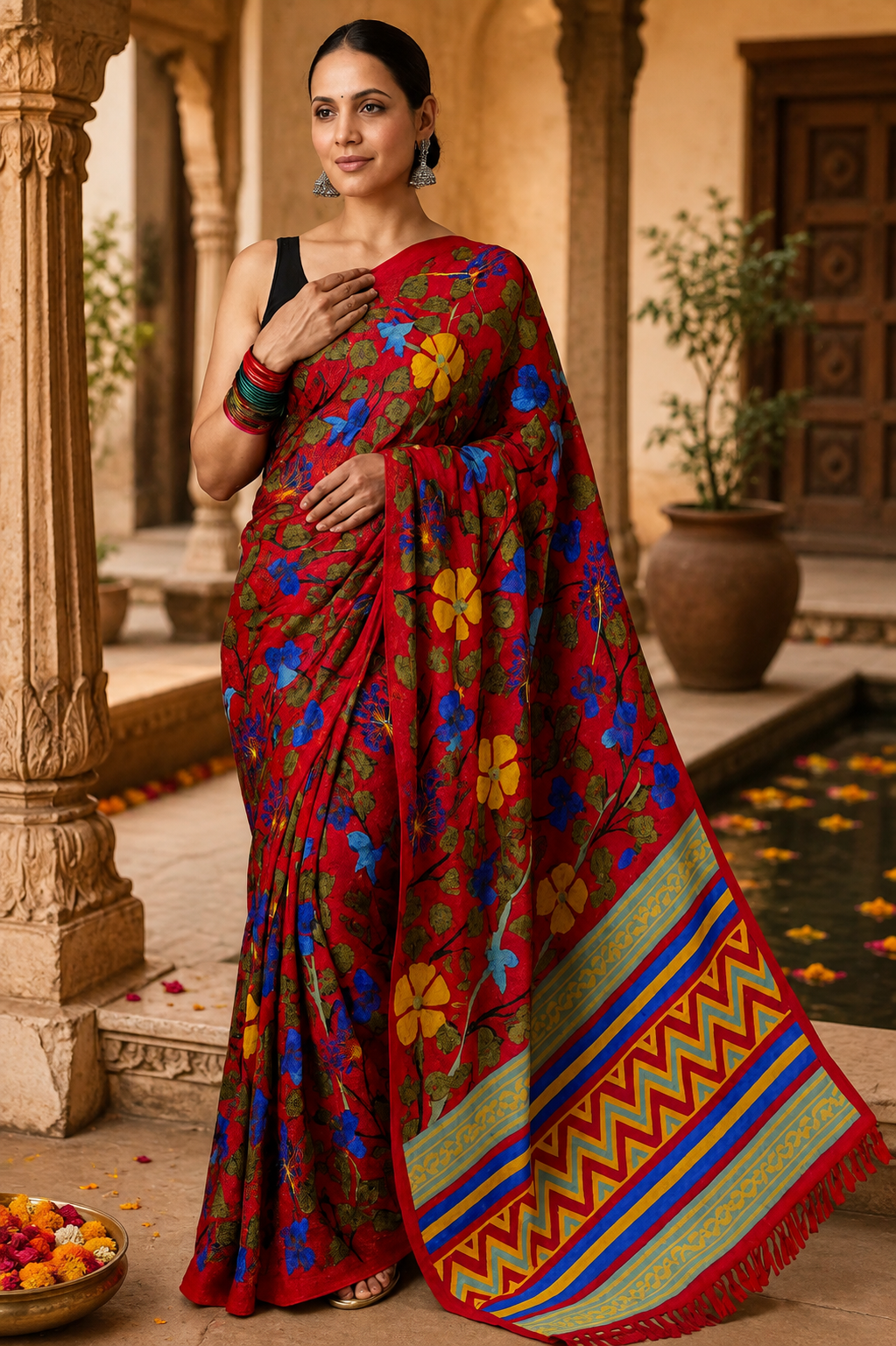 Georgette Printed Saree With Unstitched Blouse(Red)