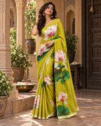 Georgette Floral Print Saree With Unstitched Blouse(Mehendi)