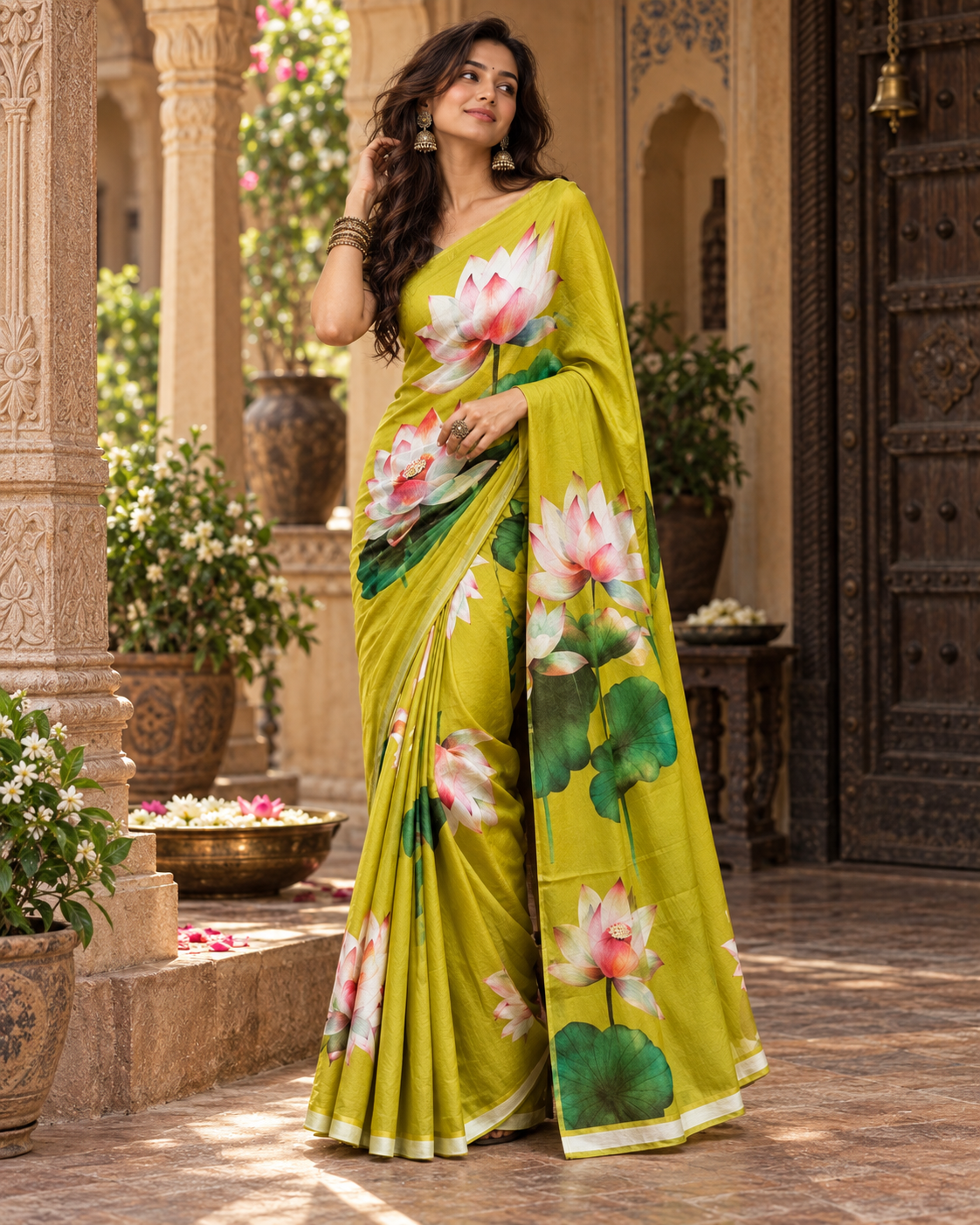 Georgette Floral Print Saree With Unstitched Blouse(Mehendi)