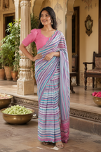 Georgette Printed Mirror Work Saree With Unstitched Blouse(Sky)
