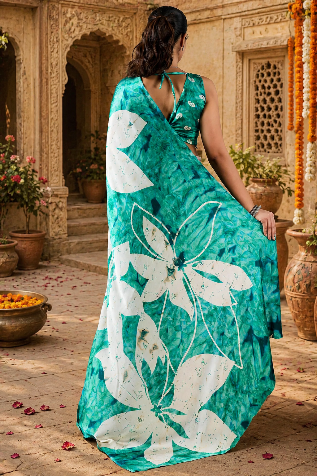 Satin Silk Ajrakh Printed Saree With Unstitched Blouse(Green)