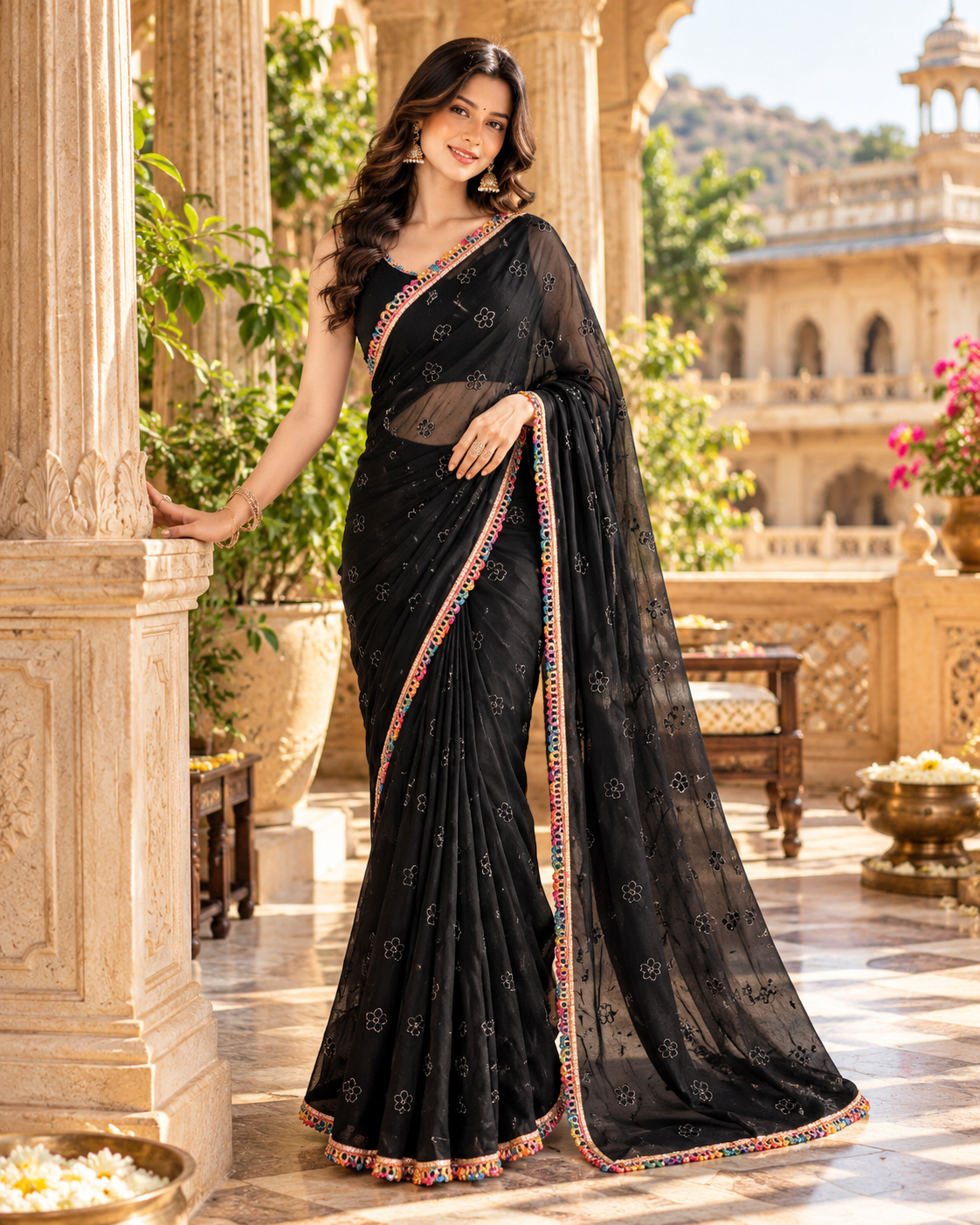 Kota Chex Embroidery Sequin Work Saree With Unstitched Blouse(Black)