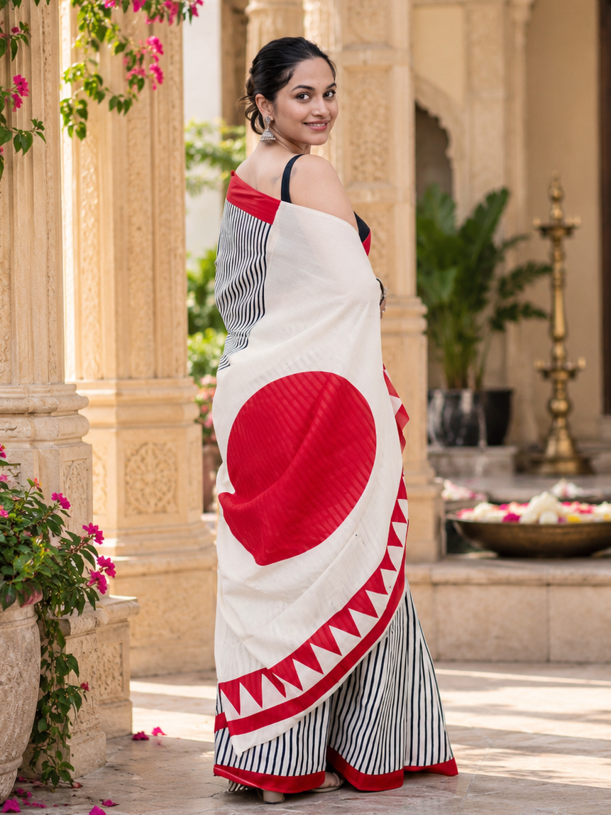 Cotton Printed Saree With Unstitched Blouse(White)