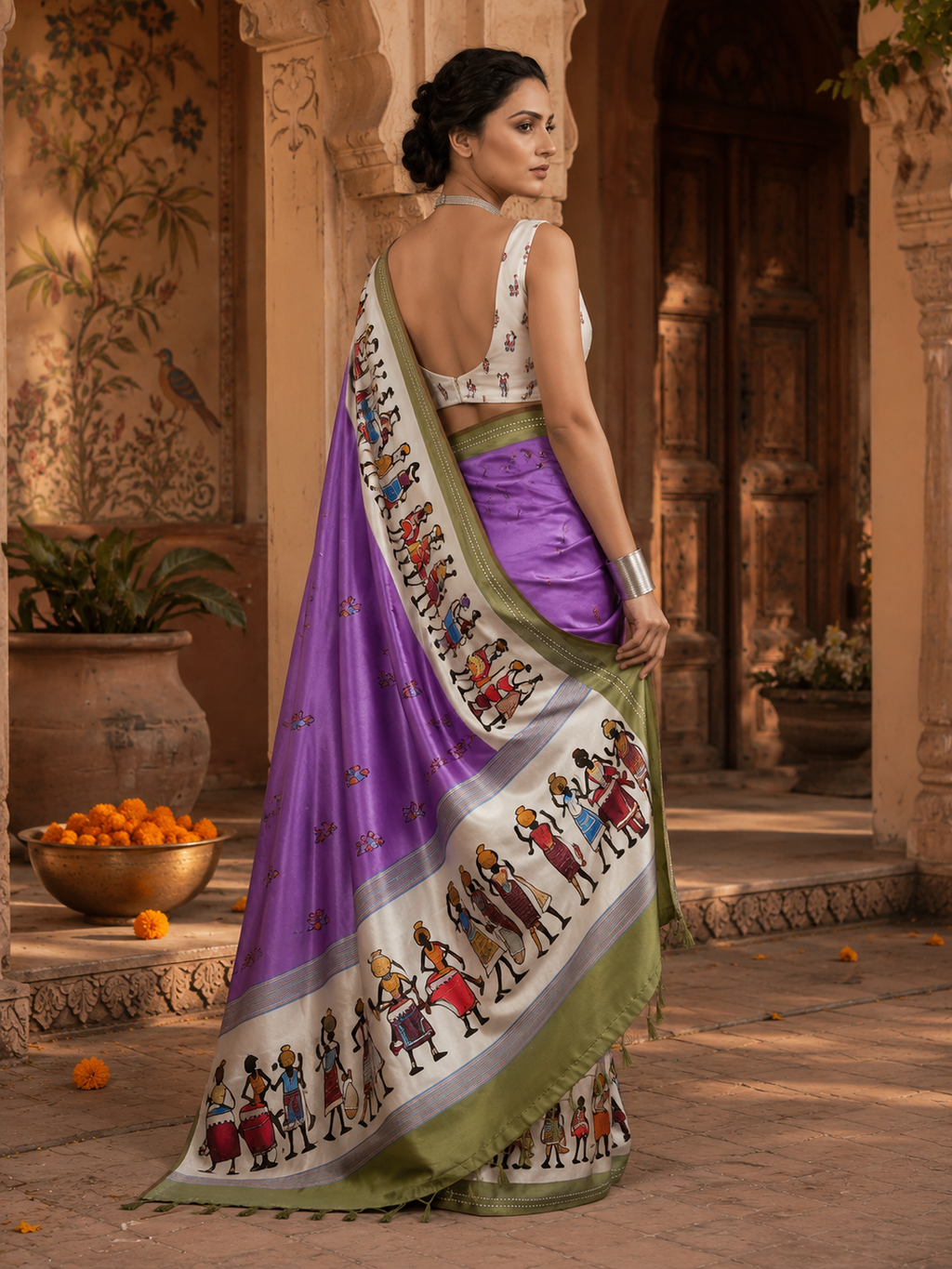 Mulmul Cotton Digital Print Saree With Unstitched Blouse(Violet)