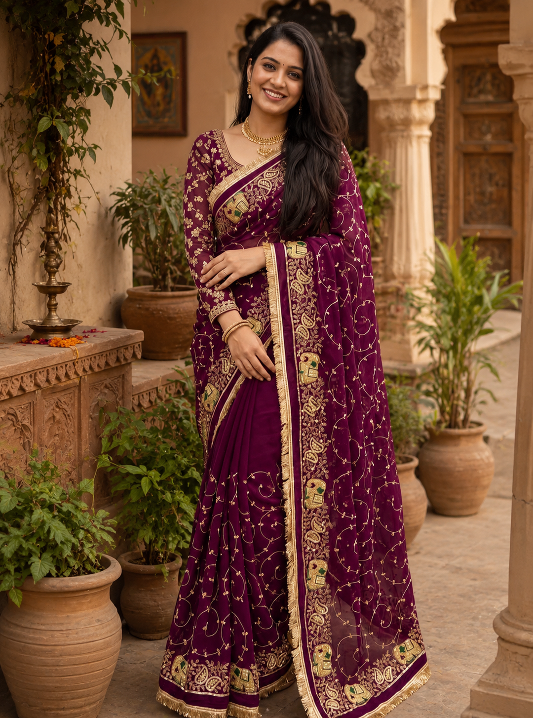 Georgette Sequins Work Saree With Unstitched Blouse(Wine)