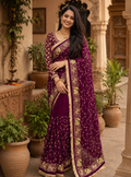 Georgette Sequins Work Saree With Unstitched Blouse(Wine)