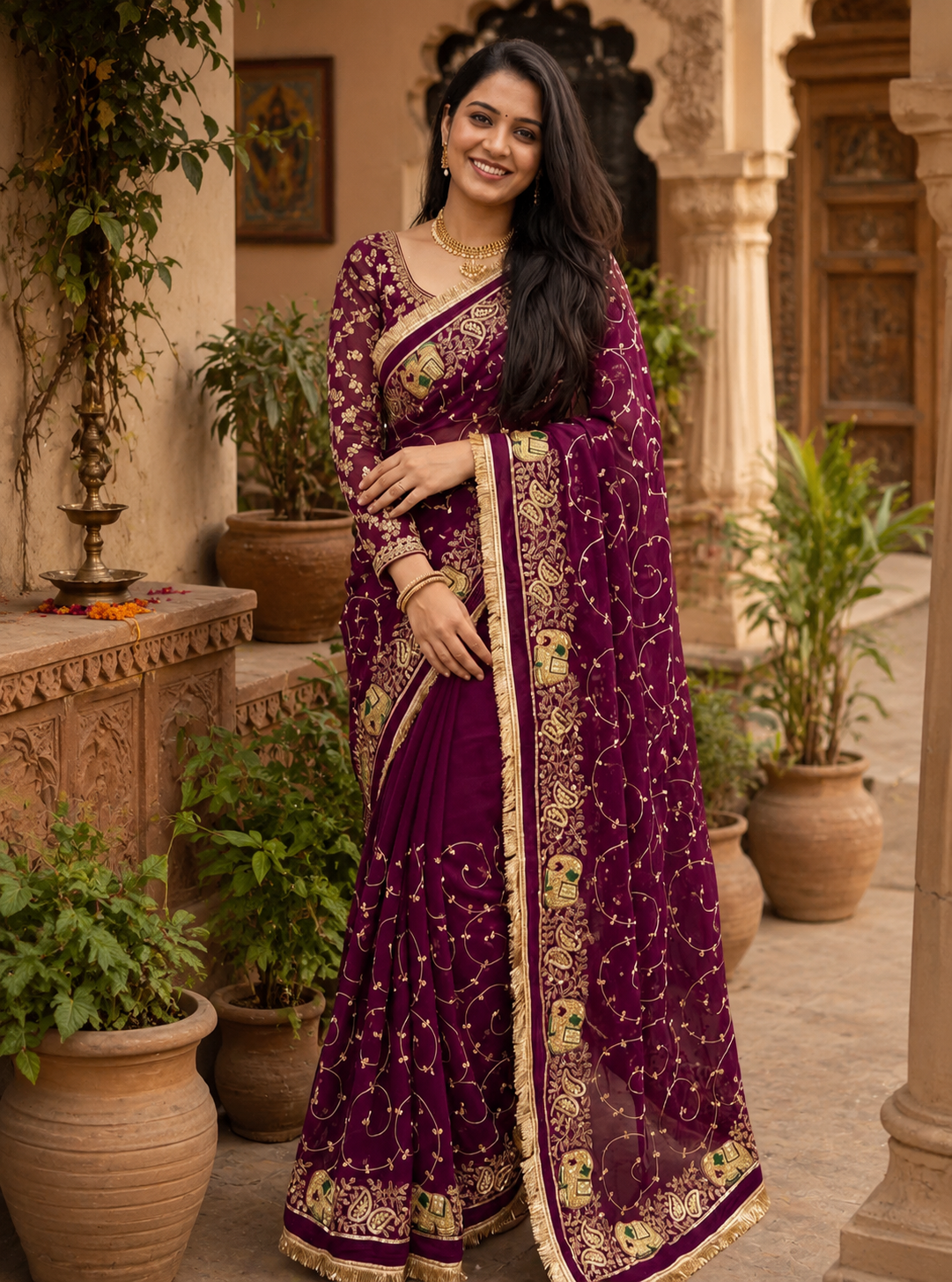Georgette Sequins Work Saree With Unstitched Blouse(Wine)