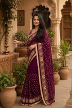 Georgette Sequins Work Saree With Unstitched Blouse(Wine)