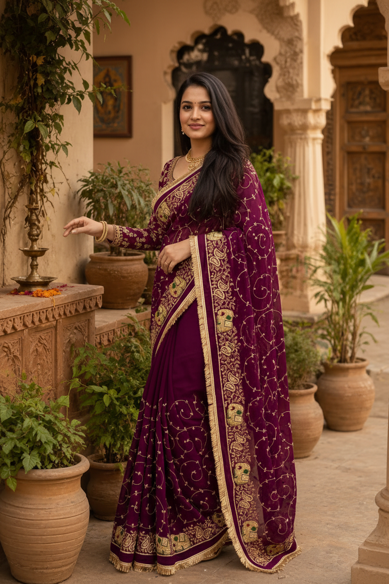 Georgette Sequins Work Saree With Unstitched Blouse(Wine)