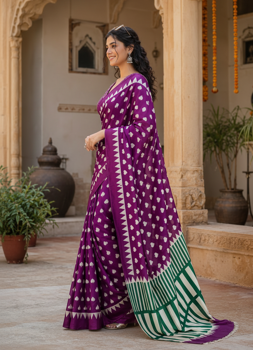Satin Silk Ajrakh Print Saree With Unstitched Blouse(Magenta)