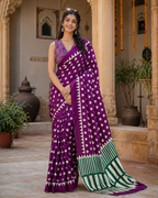Satin Silk Ajrakh Print Saree With Unstitched Blouse(Magenta)