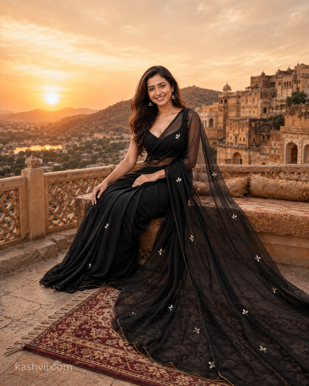 Exclusive  Georgette Handwork Saree With Unstitched Blouse (Black)