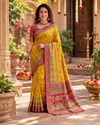Gajji Silk Ajrakh Printed Saree With Unstitched Blouse(Yellow)