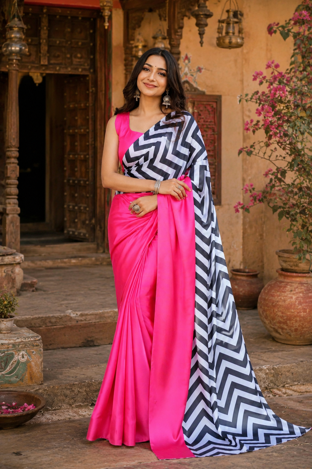 Premium Satin Silk Saree with Unstitched Blouse(Pink)