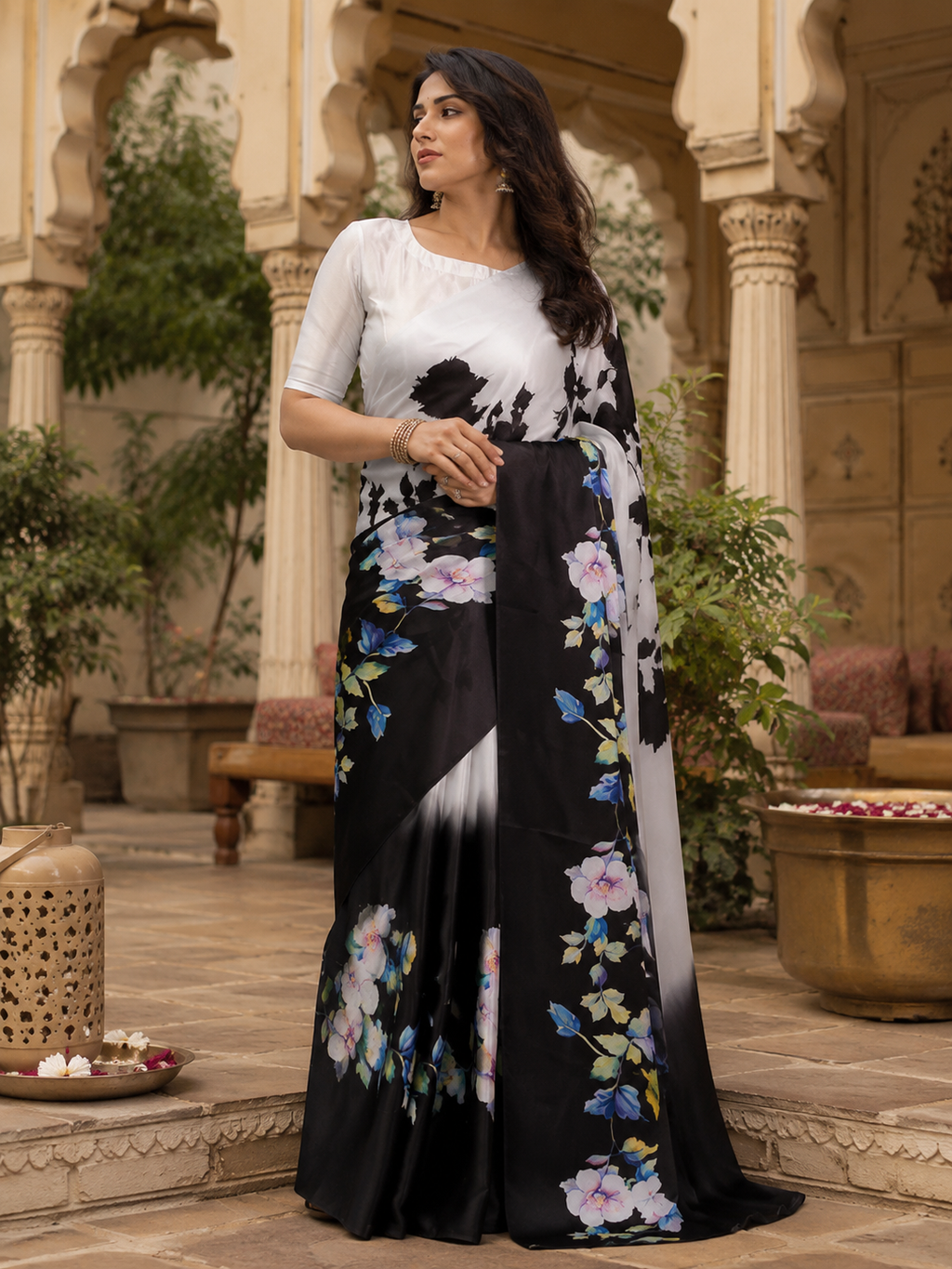 Satin Silk Printed Saree With Unstitched Blouse(White)