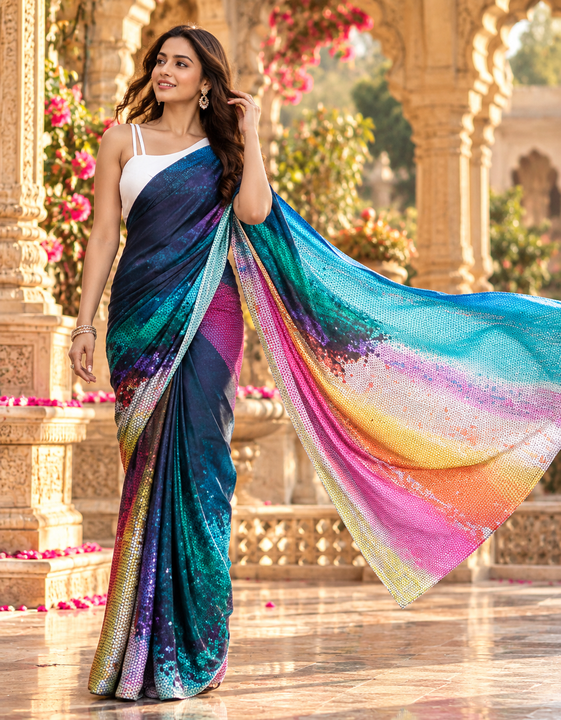 Satin Silk Printed Saree With Unstitched(Sky Blue)