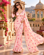 Premium Satin Silk Printed Saree With Unstitched Blouse(Peach)