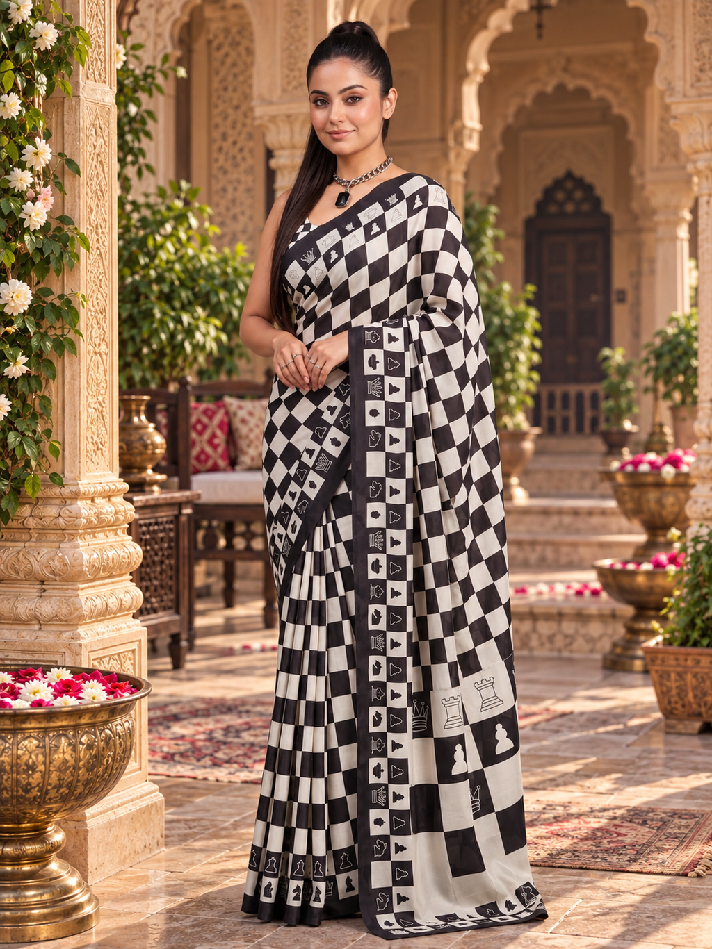 Pure Satin Silk Ajrakh Print Saree With Unstitched Blouse(Black)