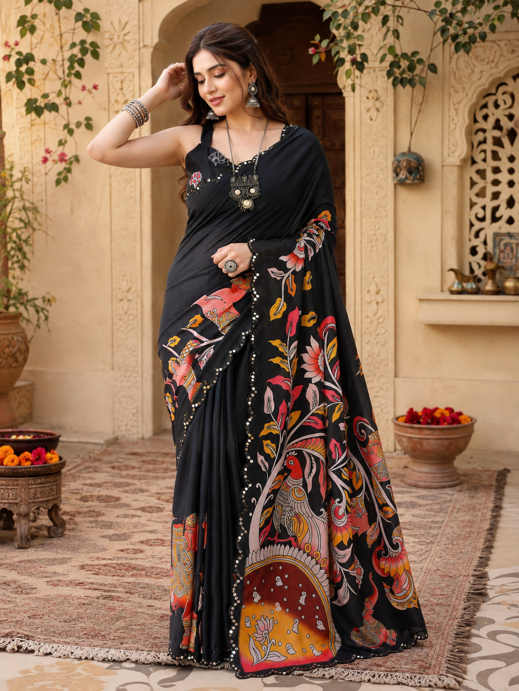 Manipuri Silk Kalamkari Print Saree With Unstitched Blouse(Black)