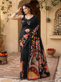 Manipuri Silk Kalamkari Print Saree With Unstitched Blouse(Black)