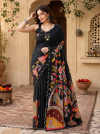 Manipuri Silk Kalamkari Print Saree With Unstitched Blouse(Black)