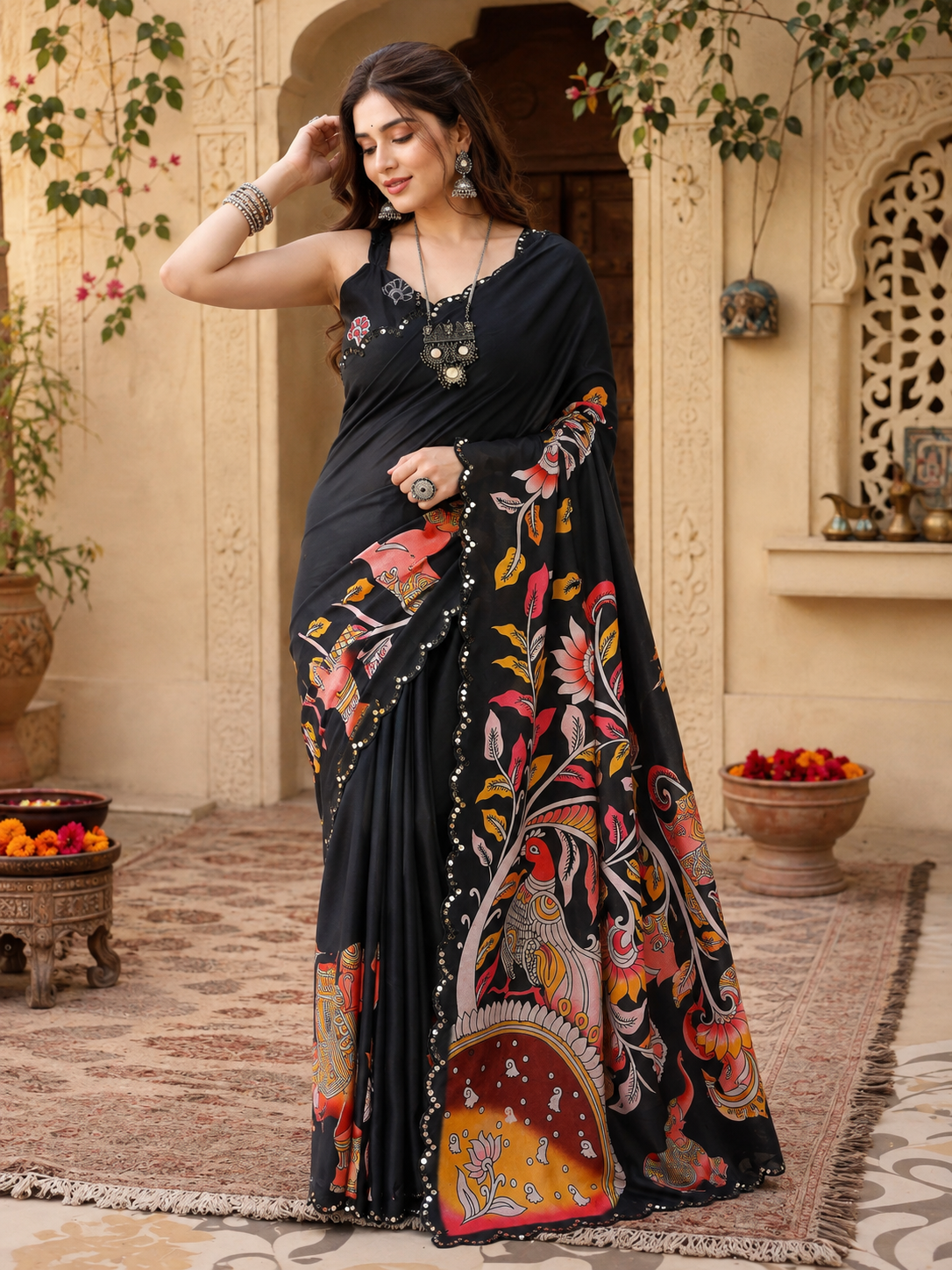 Manipuri Silk Kalamkari Print Saree With Unstitched Blouse(Black)