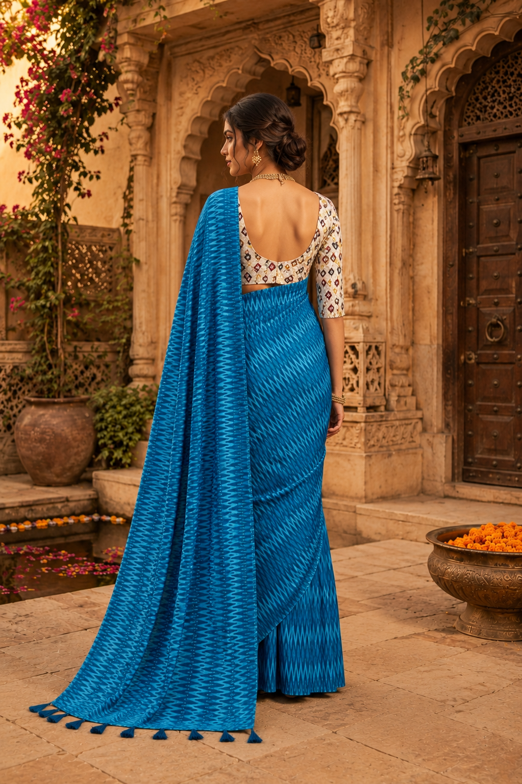 Crepe Silk Printed Sarees With Unstitched Blouse(Blue)