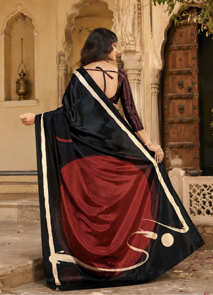 Premium Crepe Silk Digital Floral Print Saree With Unstitched Blouse(Black)