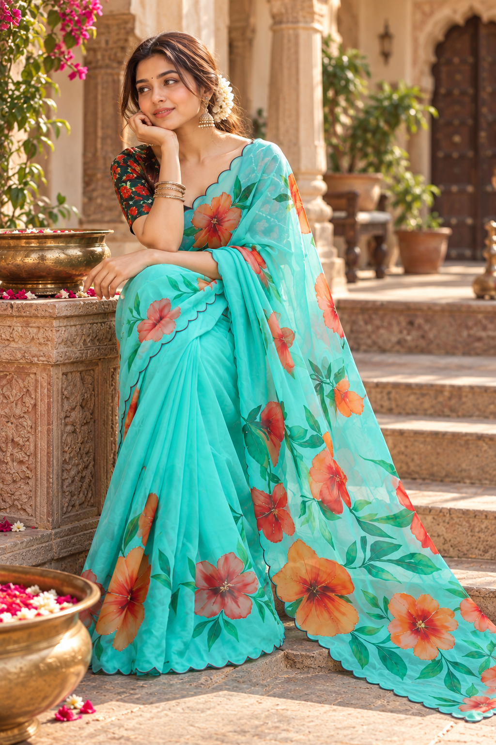Georgette Digital Print Saree With Unstitched Blouse(SkyBlue)