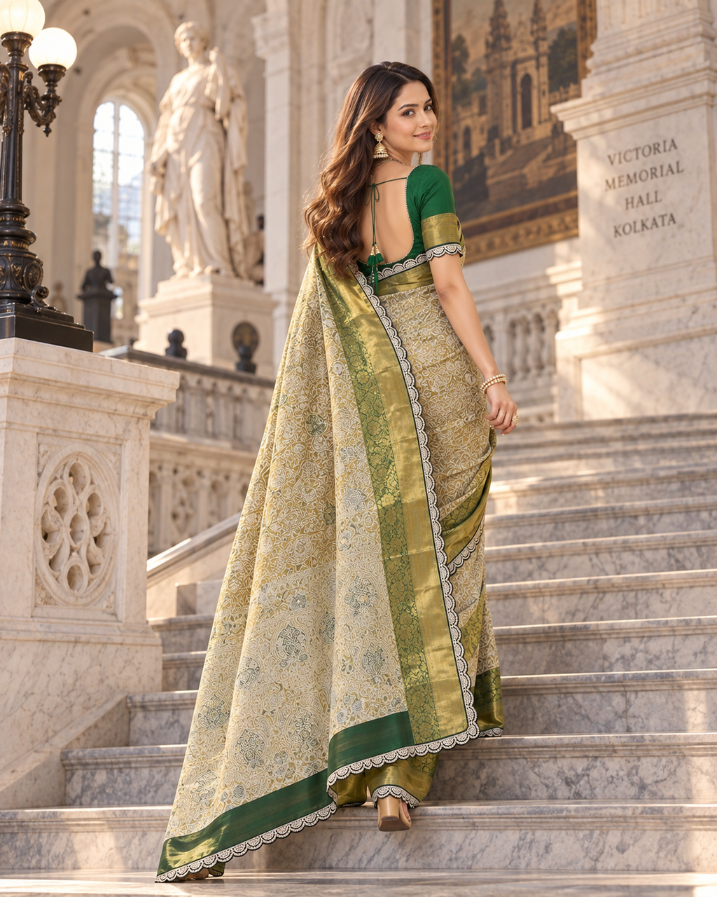 Premium Kanjivaram Pattu Silk Zari Weaving Embroidery Sequence Saree With Unstitched Blouse (Bottle Green)