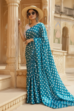 Load image into Gallery viewer, Satin Silk Printed Saree With Unstitched Blouse(Sky Blue)
