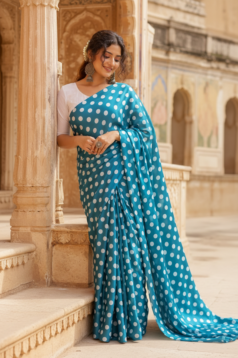 Satin Silk Printed Saree With Unstitched Blouse(Sky Blue)