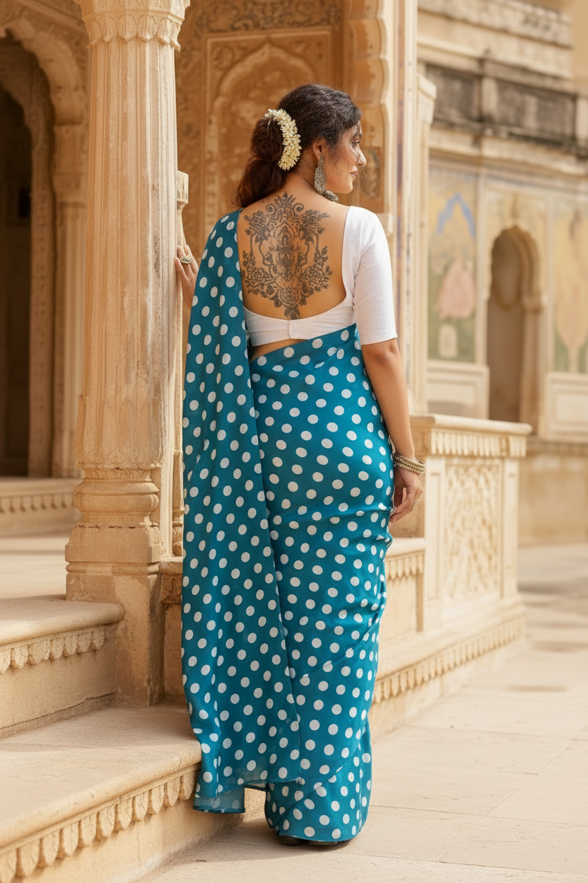 Satin Silk Printed Saree With Unstitched Blouse(Sky Blue)