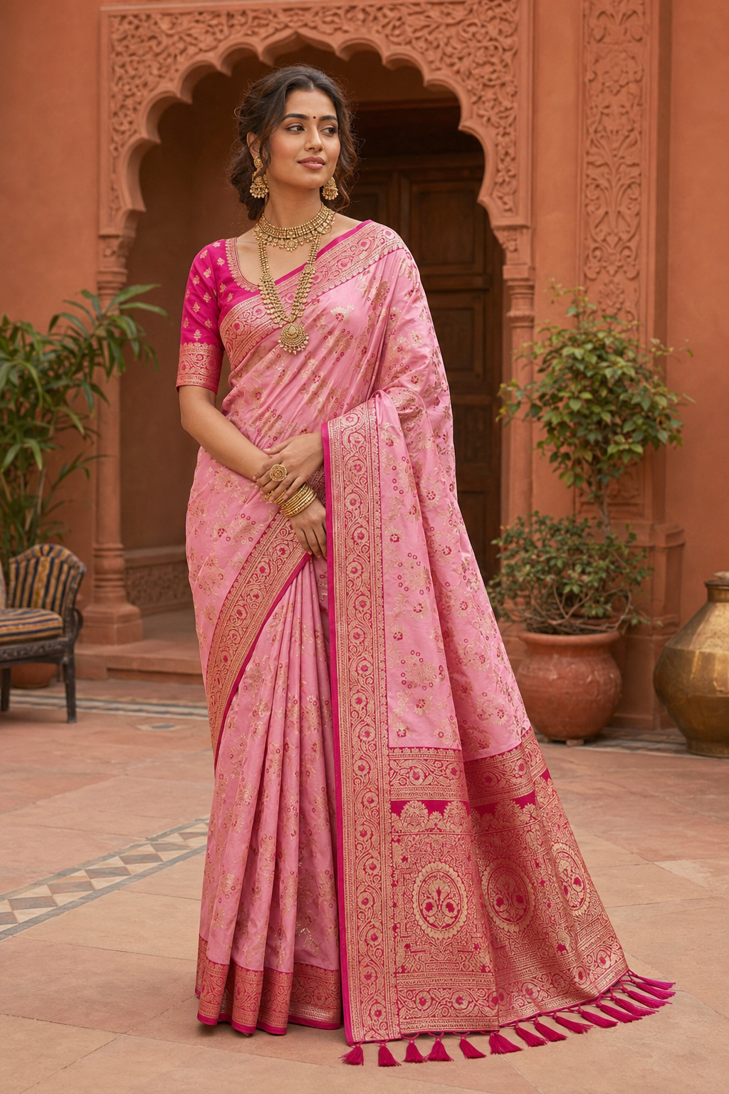 Soft Silk Banarasi Saree With Unstitched Blouse(Pink)
