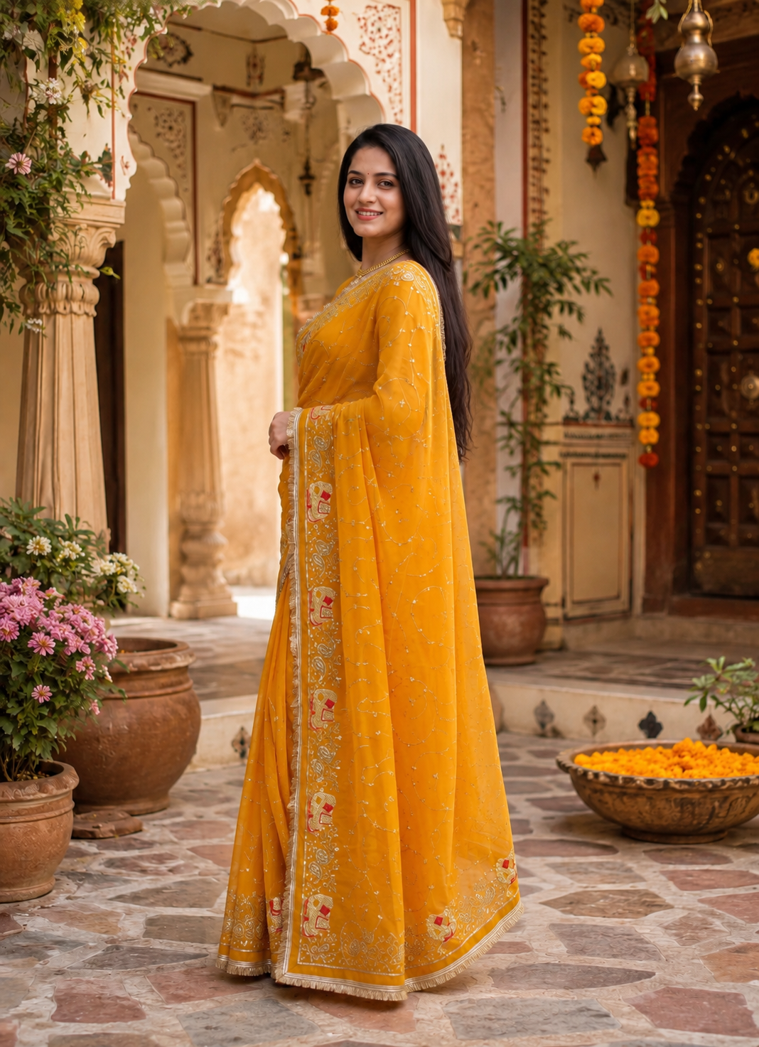 Georgette Sequins Work Saree With Unstitched Blouse(Yellow)