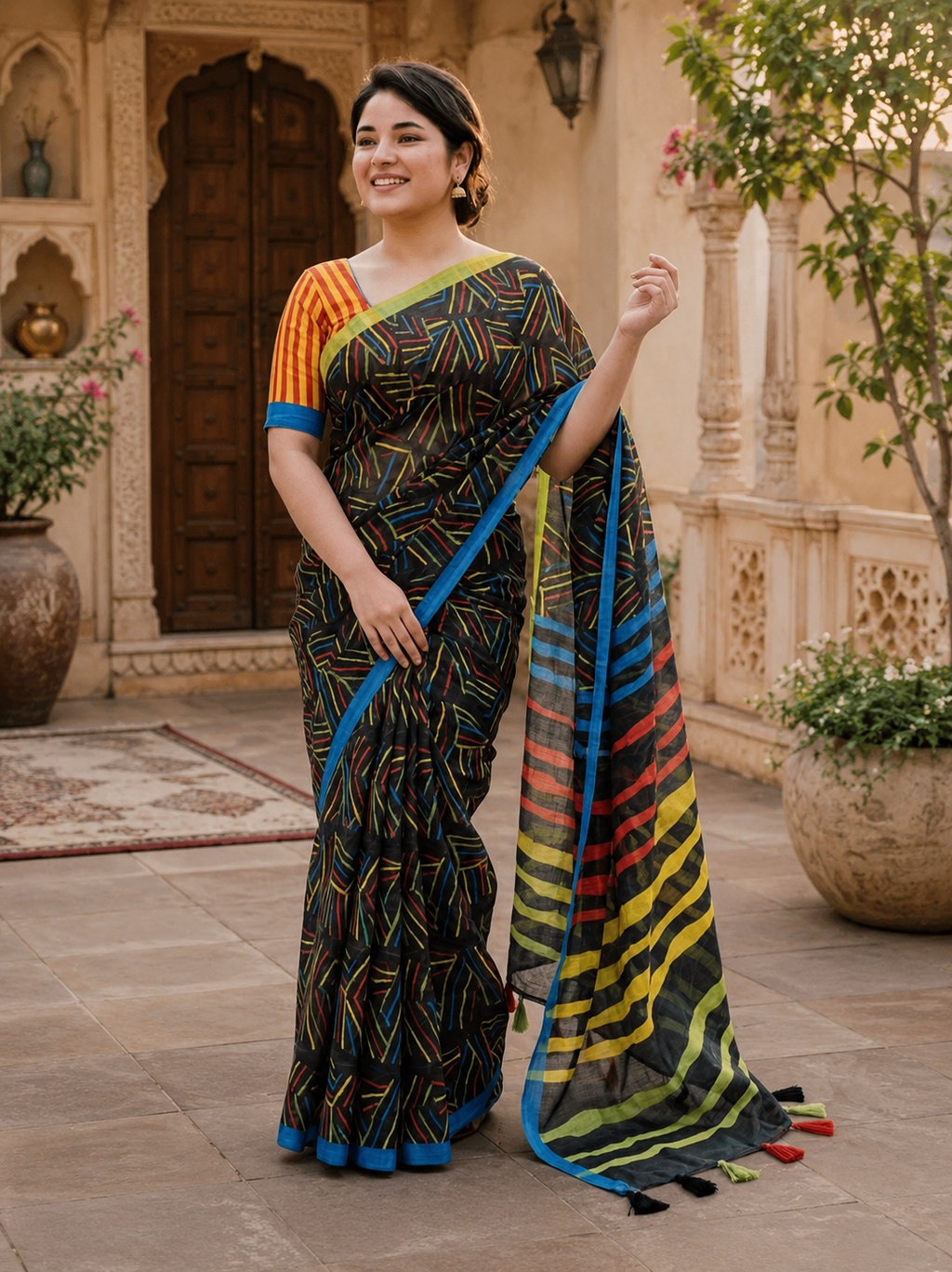 Linen Cotton Saree With Unstitched Blouse(Black)