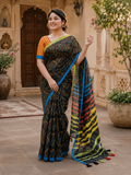 Linen Cotton Saree With Unstitched Blouse(Black)