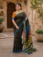 Linen Cotton Saree With Unstitched Blouse(Black)