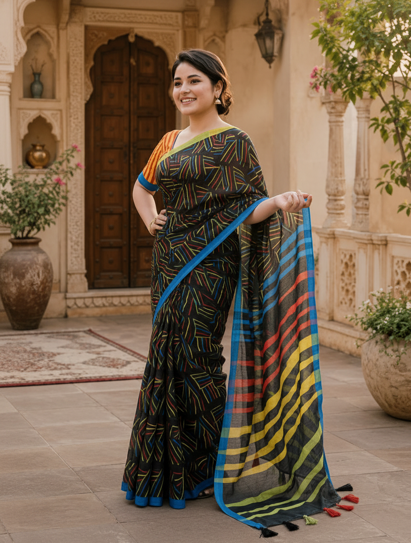 Linen Cotton Saree With Unstitched Blouse(Black)