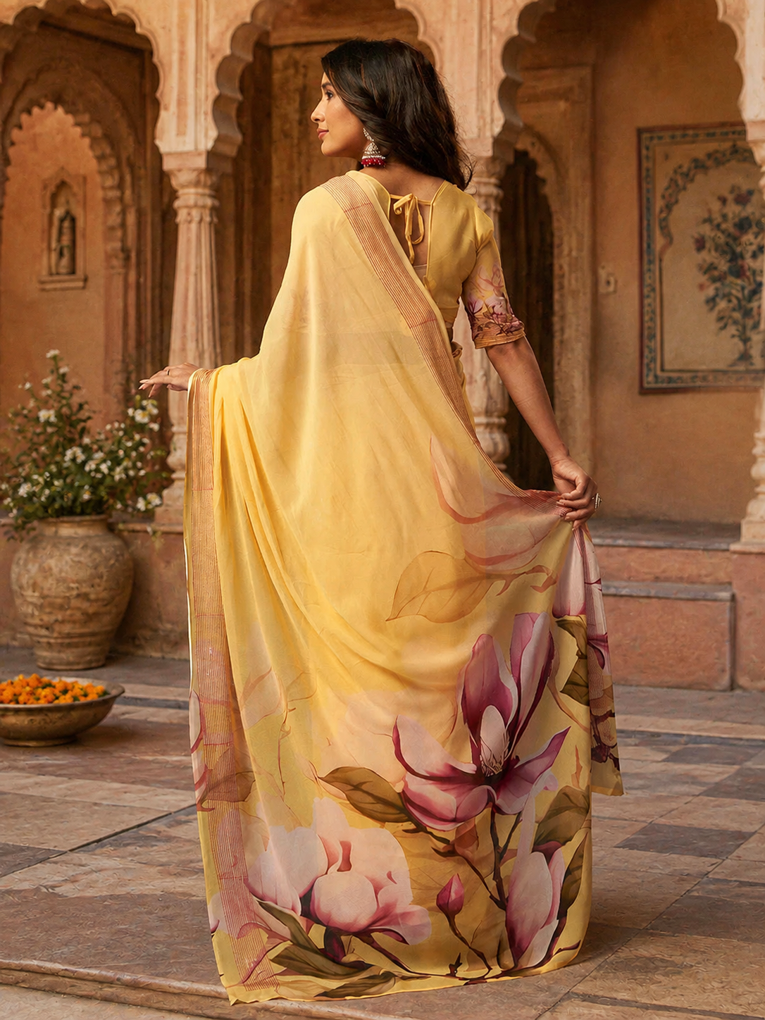 Georgette Digital Print Saree With Unstitched Blouse(Yellow)