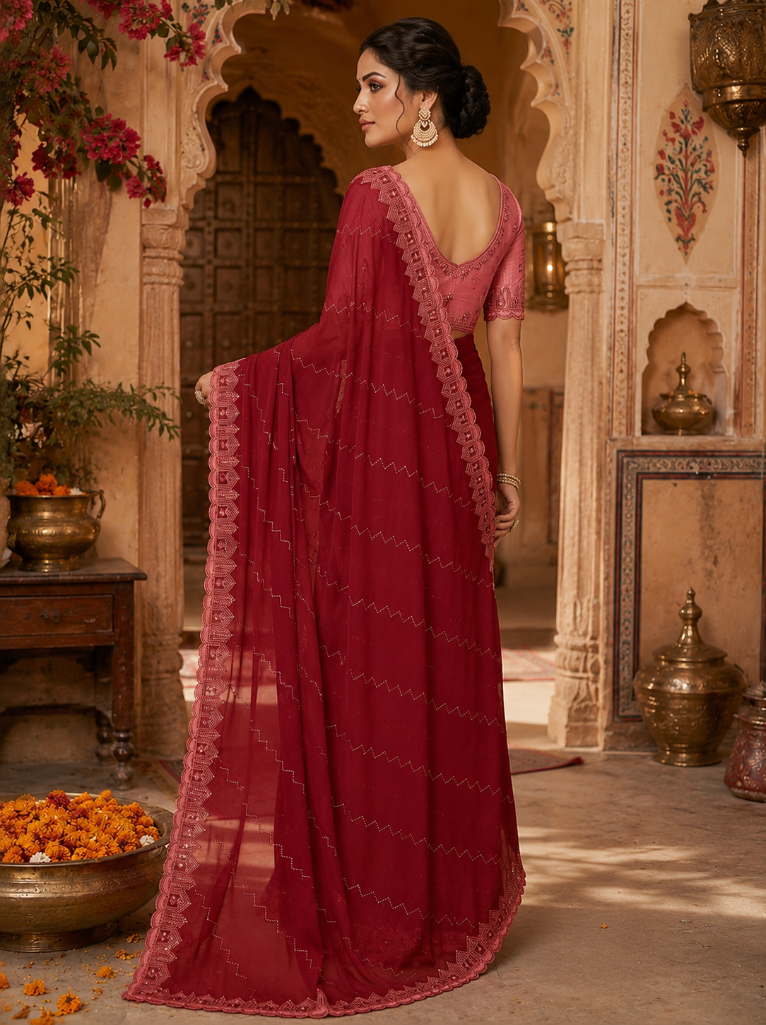 Organza Silk Saree With Unstitched Blouse(Red)