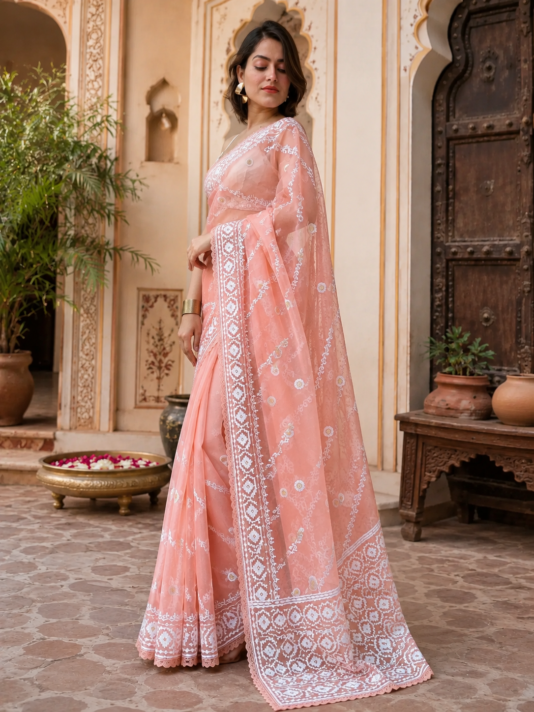 Organza Silk Embroidery Work Saree with Unstitched Blouse(Baby Pink)